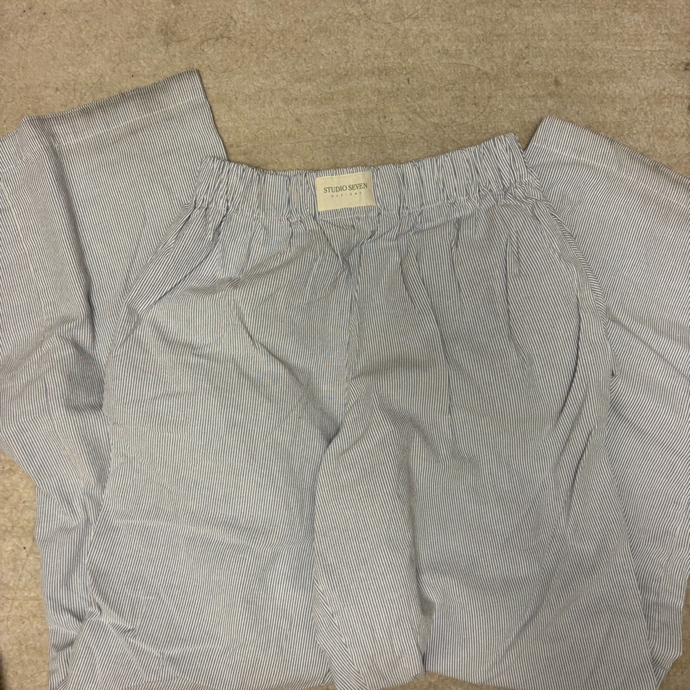 studio seven designs blue linen pants